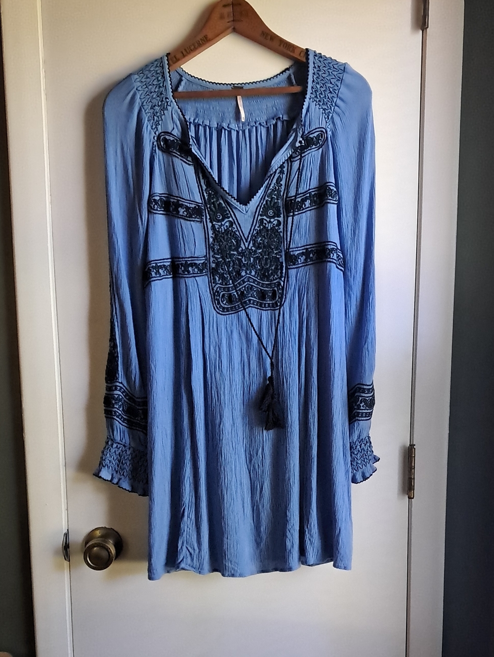 Free People Boho Embroidered Long-Sleeve Tunic Dress - Blue